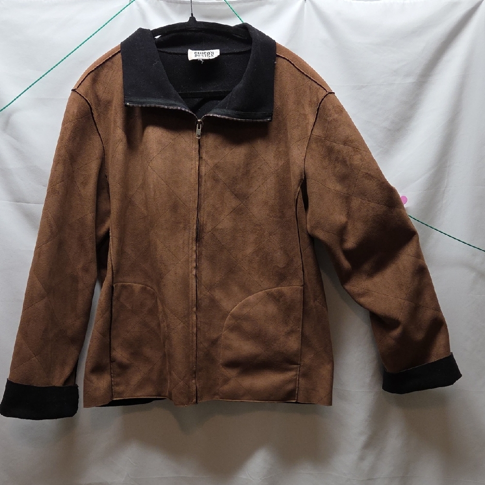 Chicos Design Faux Suede Zip Up Jacket Quilted Diamond Pattern Western Casual